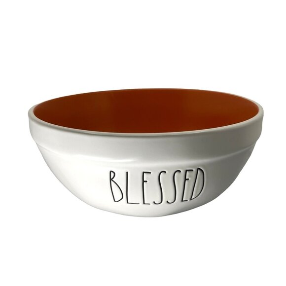 Large Blessed Burnt Orange & White Rae Dunn Mixing Bowl, 10" Diameter 4.5" Deep - Picture 2 of 7